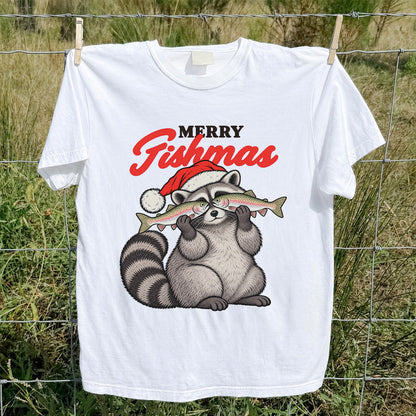 Santa Raccoon Holding Fish Christmas Fishing Graphic T-Shirt