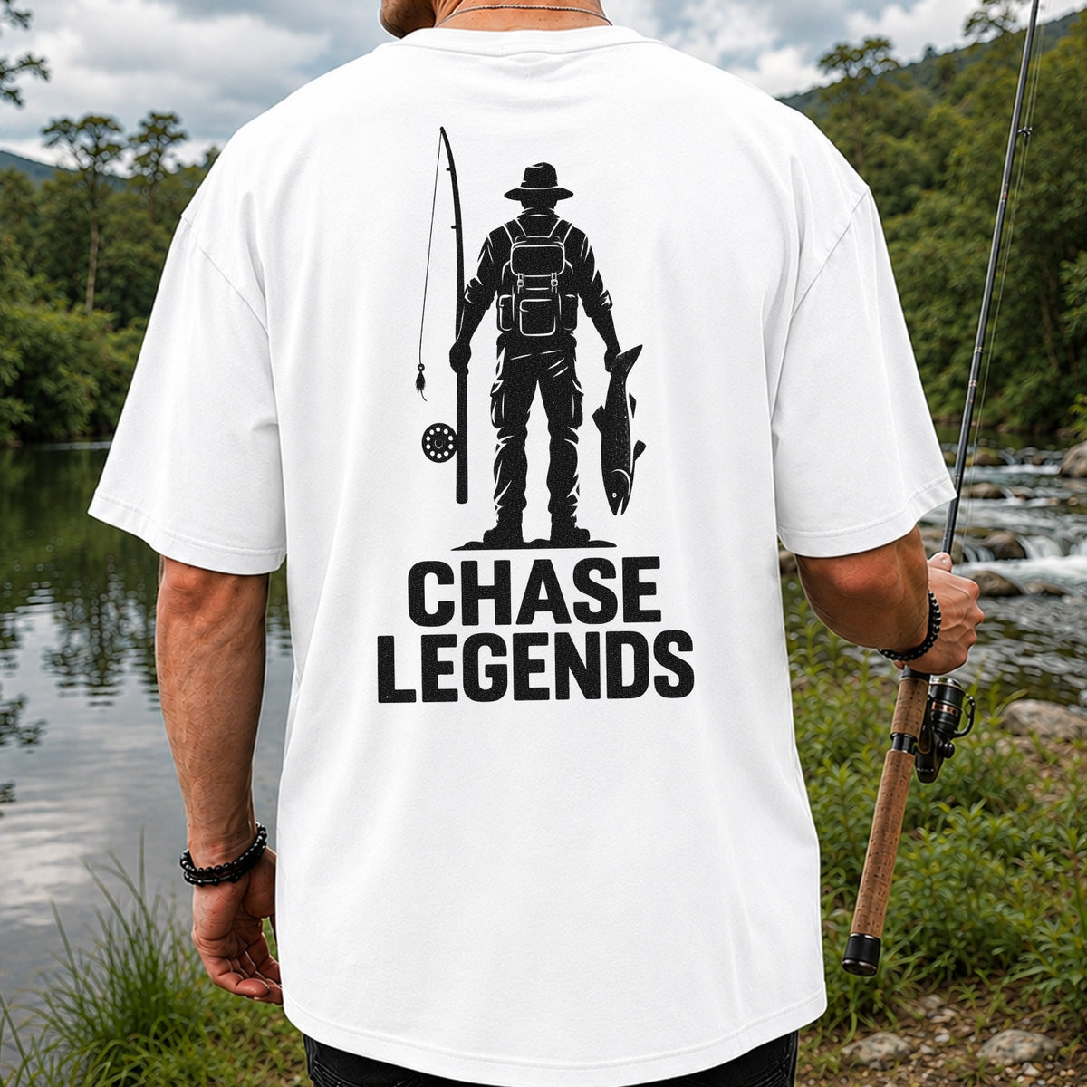 Chase Legends Fly Fishing Angler Silhouette Graphic T-Shirt | Back Print
