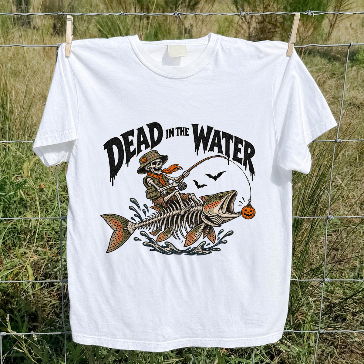 Dead in the Water Skeleton Riding a Trout Halloween Fishing T-Shirt