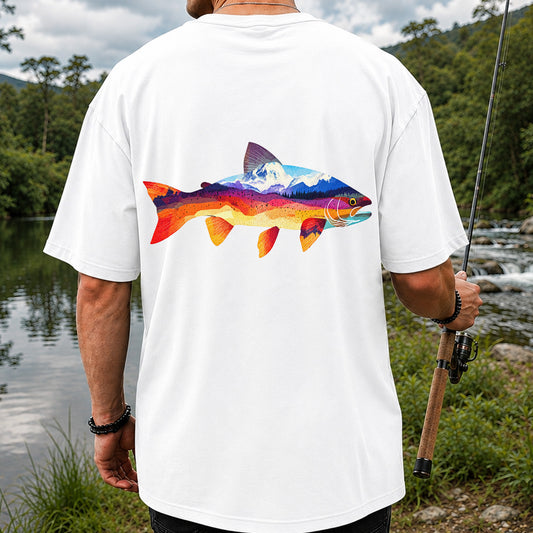 Colorful Mountain Landscape Trout Silhouette Fishing T-Shirt | Back Print