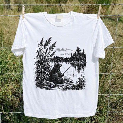Bear Fishing by the Lake Vintage Outdoor Graphic T-Shirt