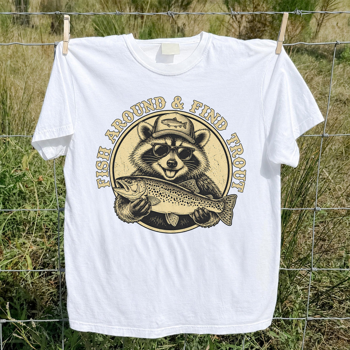 Fish Around & Find Trout Funny Raccoon Fishing T-Shirt