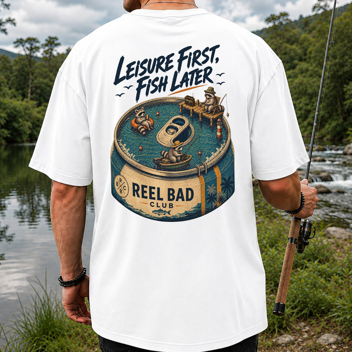 Raccoon Fishing Can Leisure Graphic T-Shirt | Back Print