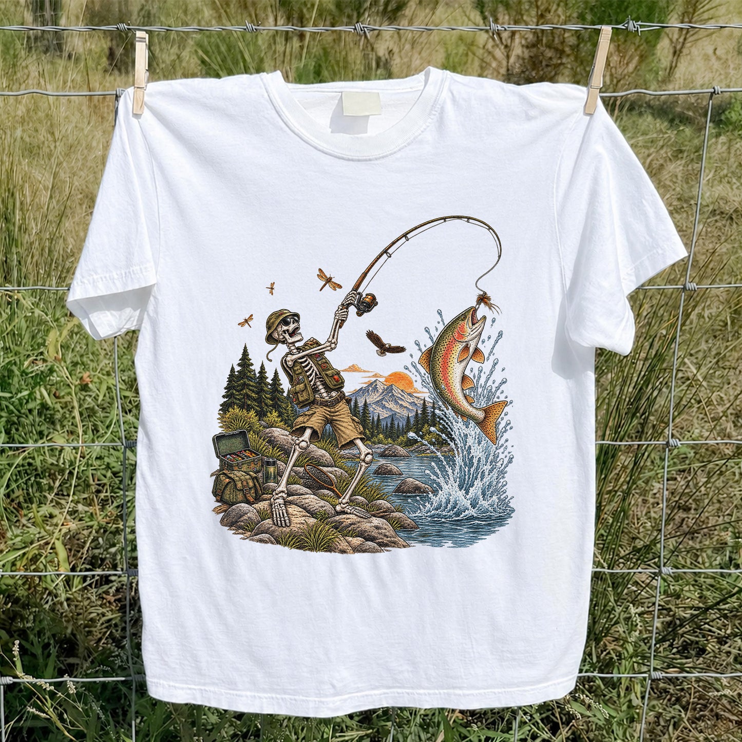 Skeleton Angler Catching Trout at a Mountain Lake Fishing T-Shirt