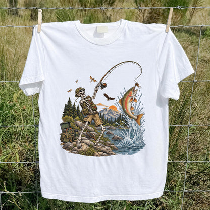 Skeleton Angler Catching Trout at a Mountain Lake Fishing T-Shirt