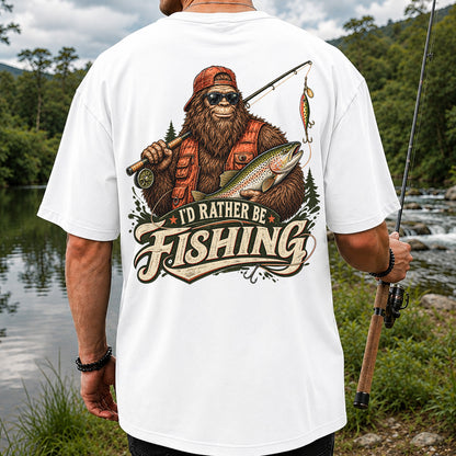 Bigfoot Holding Trout Funny Fishing Graphic T-Shirt | Back Print
