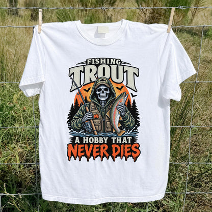 Fishing Trout A Hobby That Never Dies Skeleton Halloween T-Shirt