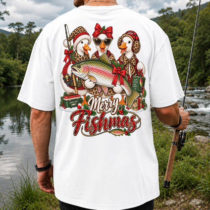 Merry Fishmas Christmas Ducks with Rainbow Trout Fishing T-Shirt | Back Print