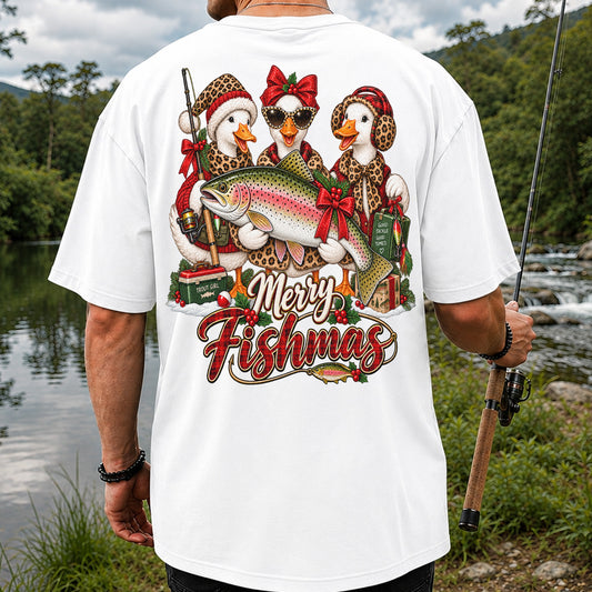 Merry Fishmas Christmas Ducks with Rainbow Trout Fishing T-Shirt | Back Print