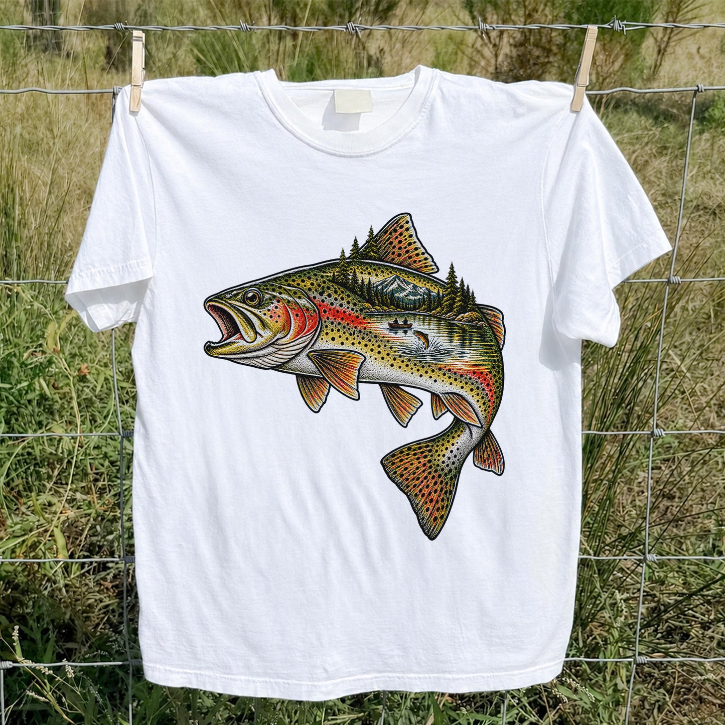 Rainbow Trout Mountain Lake Fishing Scene Graphic T-Shirt