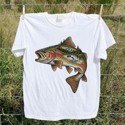 Rainbow Trout Mountain Lake Fishing Scene Graphic T-Shirt