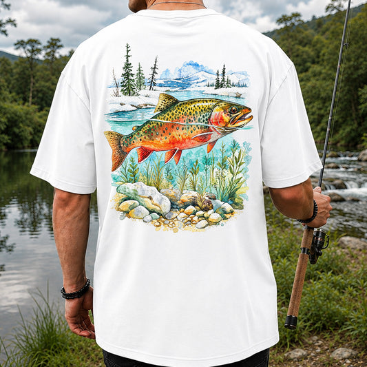 Watercolor Trout in a Snowy Mountain River Fishing Graphic T-Shirt | Back Print
