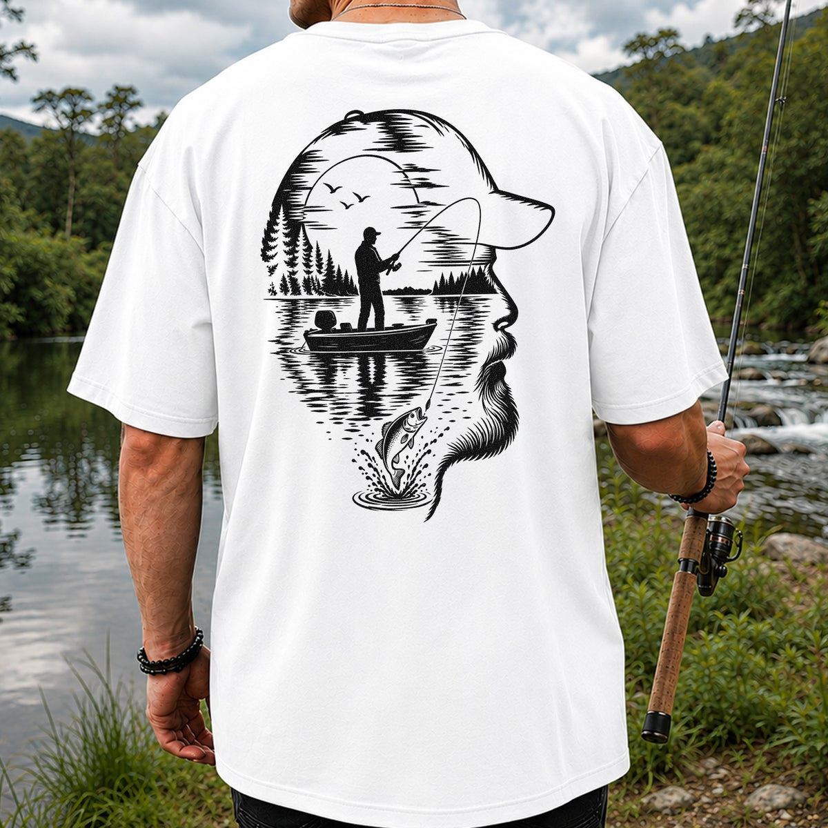Bearded Angler Silhouette with Lake Fishing Scene Graphic T-Shirt | Back Print
