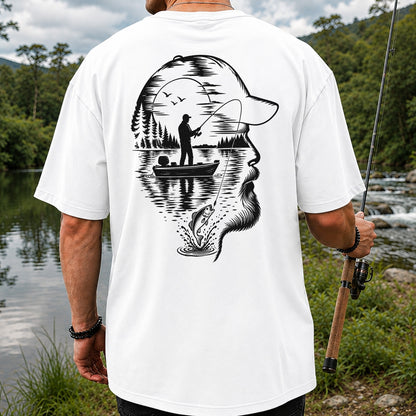 Bearded Angler Silhouette with Lake Fishing Scene Graphic T-Shirt | Back Print