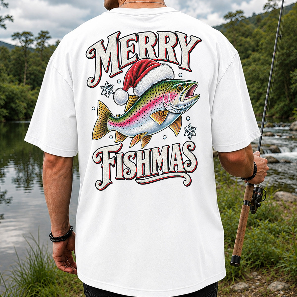 Merry Fishmas Rainbow Trout in a Santa Hat Christmas Fishing T-Shirt | Back Print