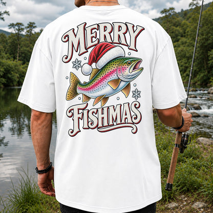 Merry Fishmas Rainbow Trout in a Santa Hat Christmas Fishing T-Shirt | Back Print