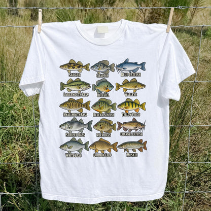 Bass Crappie and Catfish Freshwater Fish Chart Graphic T-Shirt