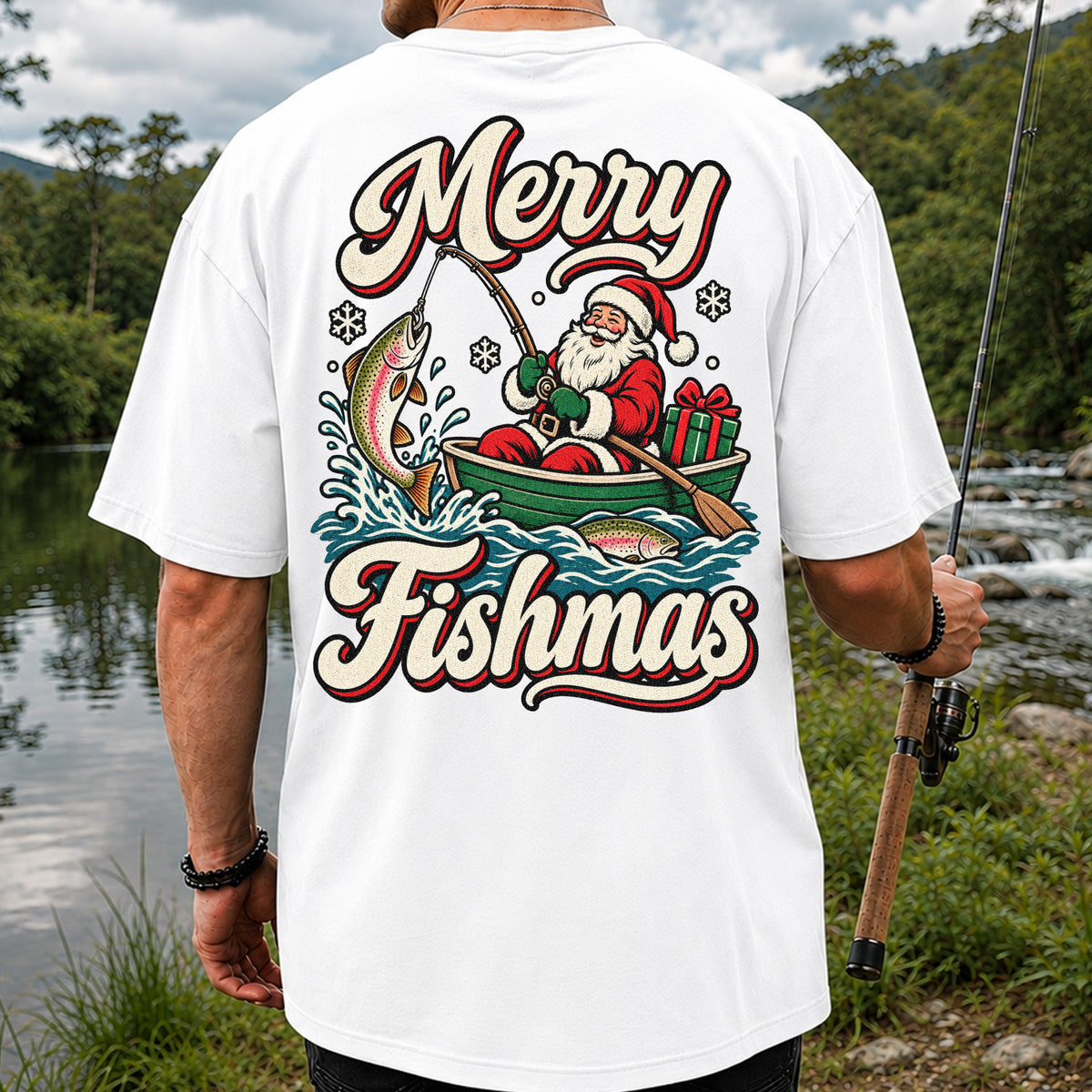 Merry Fishmas Santa Catching Rainbow Trout in a Boat Fishing T-Shirt | Back Print