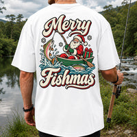 Merry Fishmas Santa Catching Rainbow Trout in a Boat Fishing T-Shirt | Back Print
