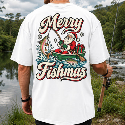 Merry Fishmas Santa Catching Rainbow Trout in a Boat Fishing T-Shirt | Back Print