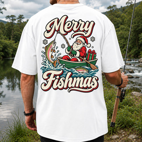Merry Fishmas Santa Catching Rainbow Trout in a Boat Fishing T-Shirt | Back Print