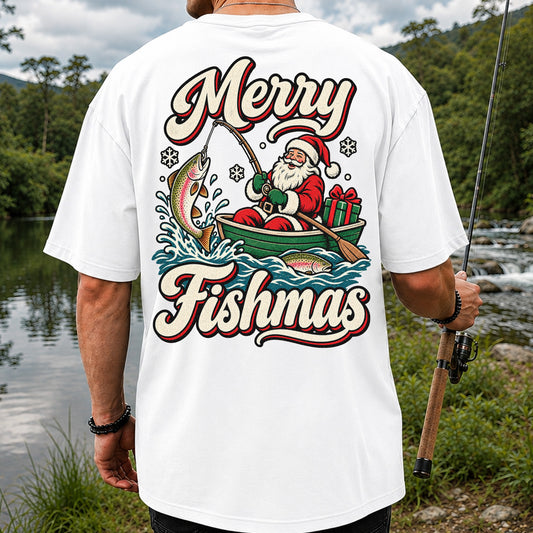 Merry Fishmas Santa Catching Rainbow Trout in a Boat Fishing T-Shirt | Back Print