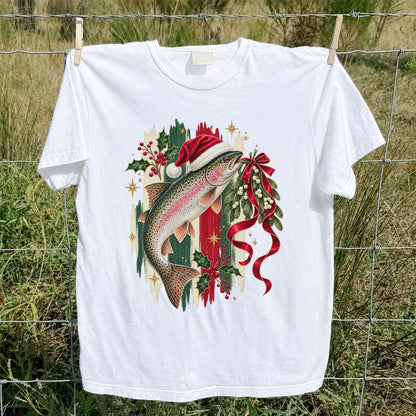 Christmas Santa Hat Rainbow Trout Fishing Graphic T-Shirt