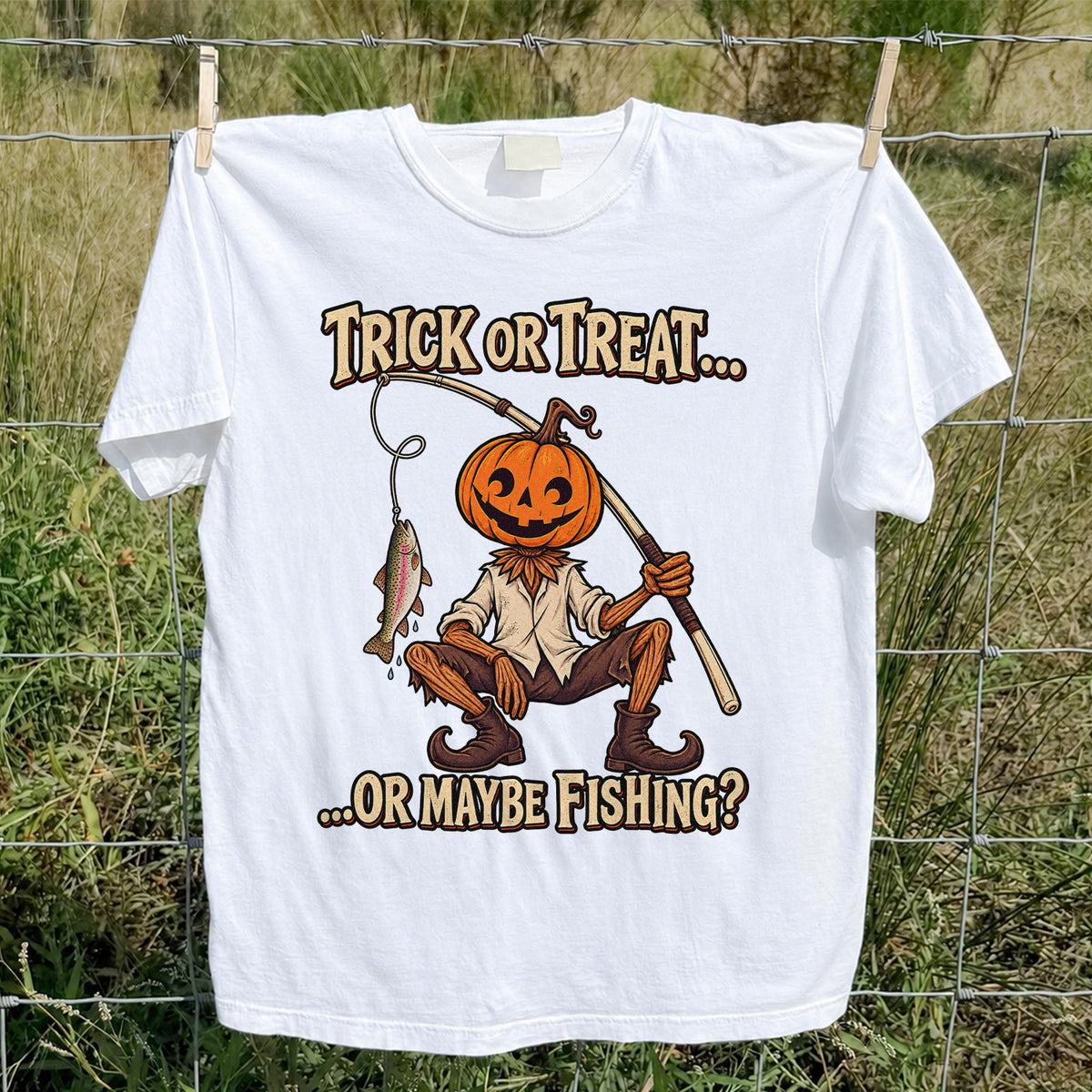Trick or Treat Or Maybe Fishing Pumpkin Angler with Trout Halloween T-Shirt