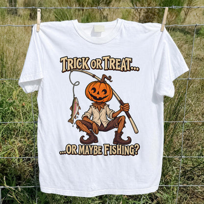 Trick or Treat Or Maybe Fishing Pumpkin Angler with Trout Halloween T-Shirt