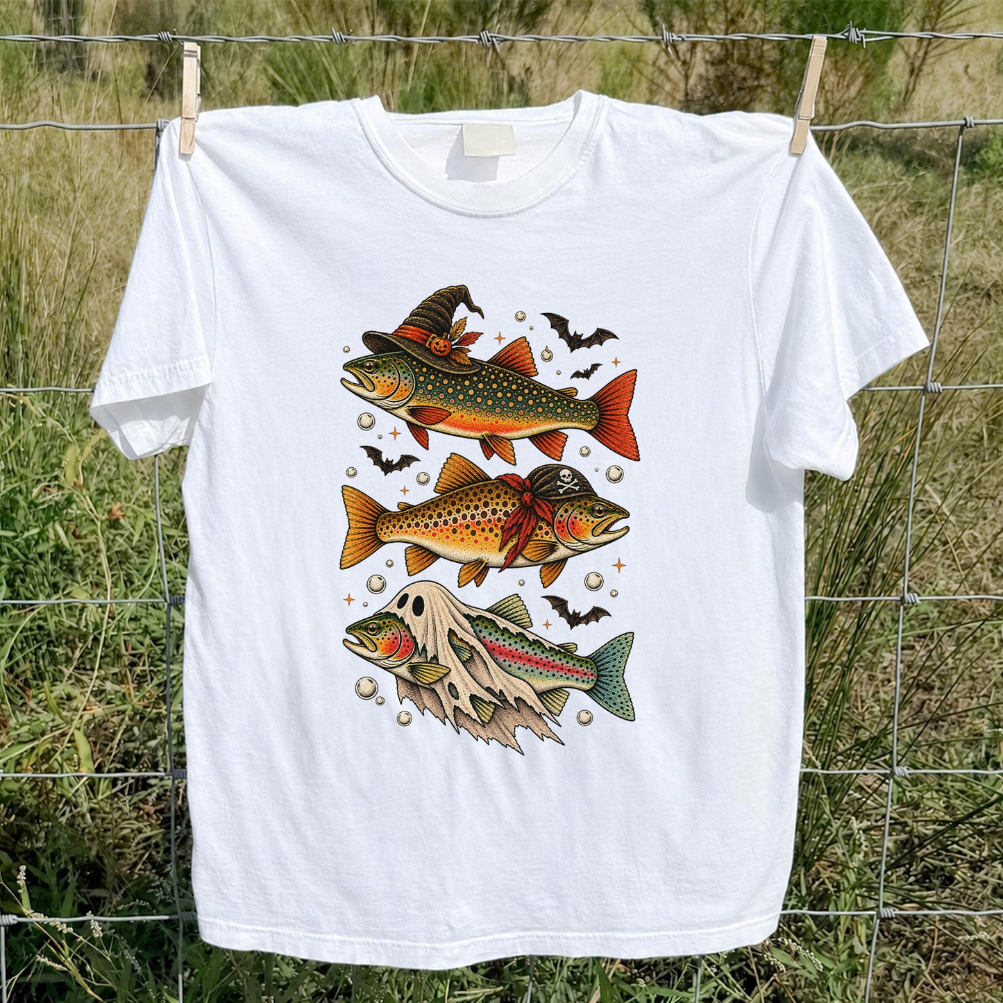 Halloween Trout Trio Witch Pirate and Ghost Fishing T-Shirt
