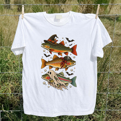 Halloween Trout Trio Witch Pirate and Ghost Fishing T-Shirt