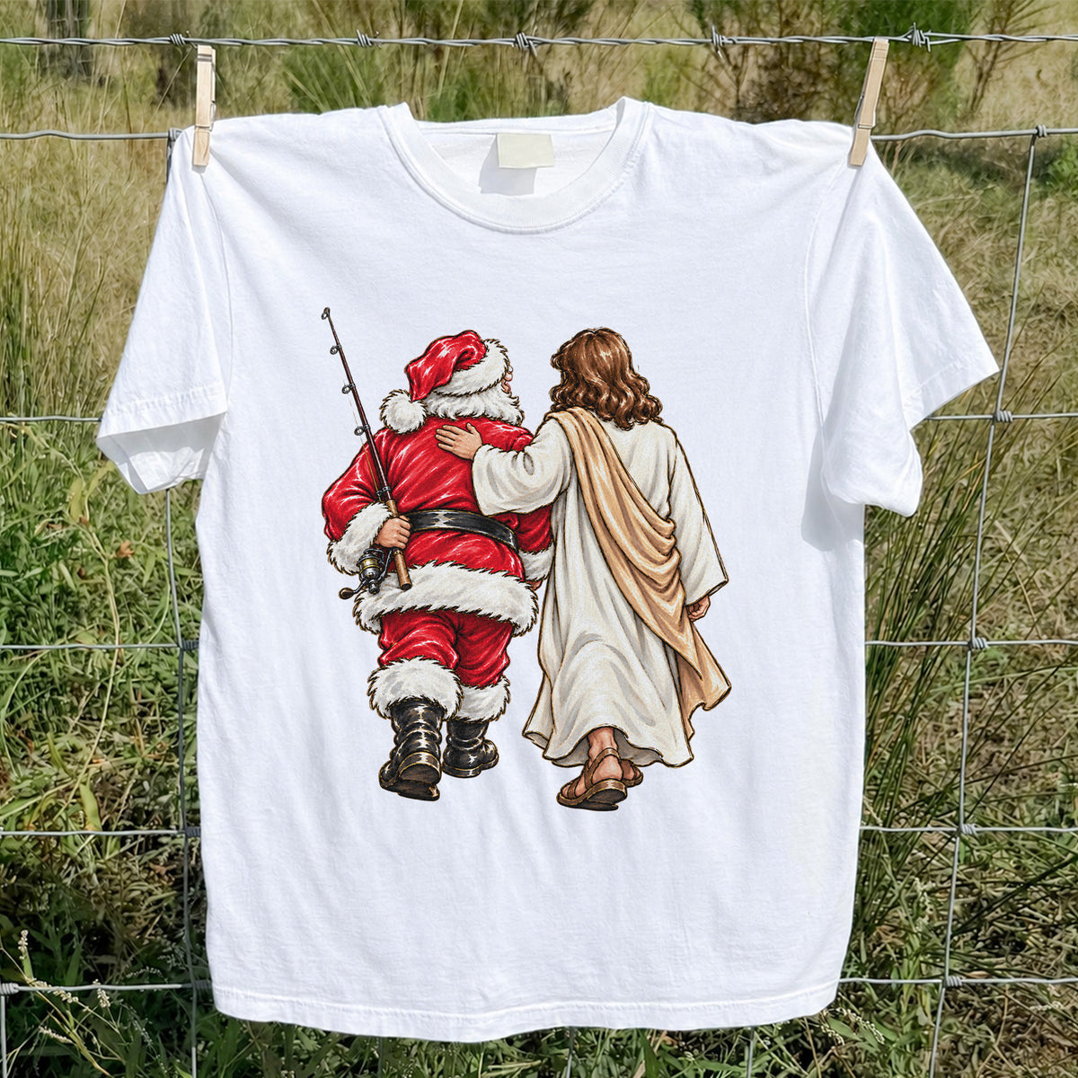 Santa and Robed Companion Fishing Graphic T-Shirt