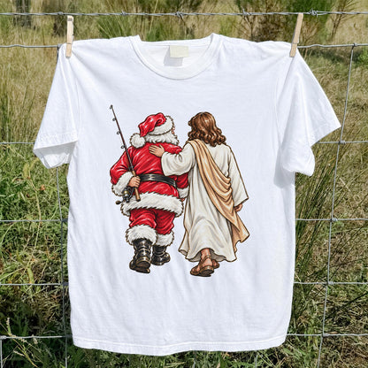 Santa and Robed Companion Fishing Graphic T-Shirt