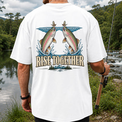 Rise Together Rainbow Trout Fly Fishing Graphic T-Shirt | Back Print