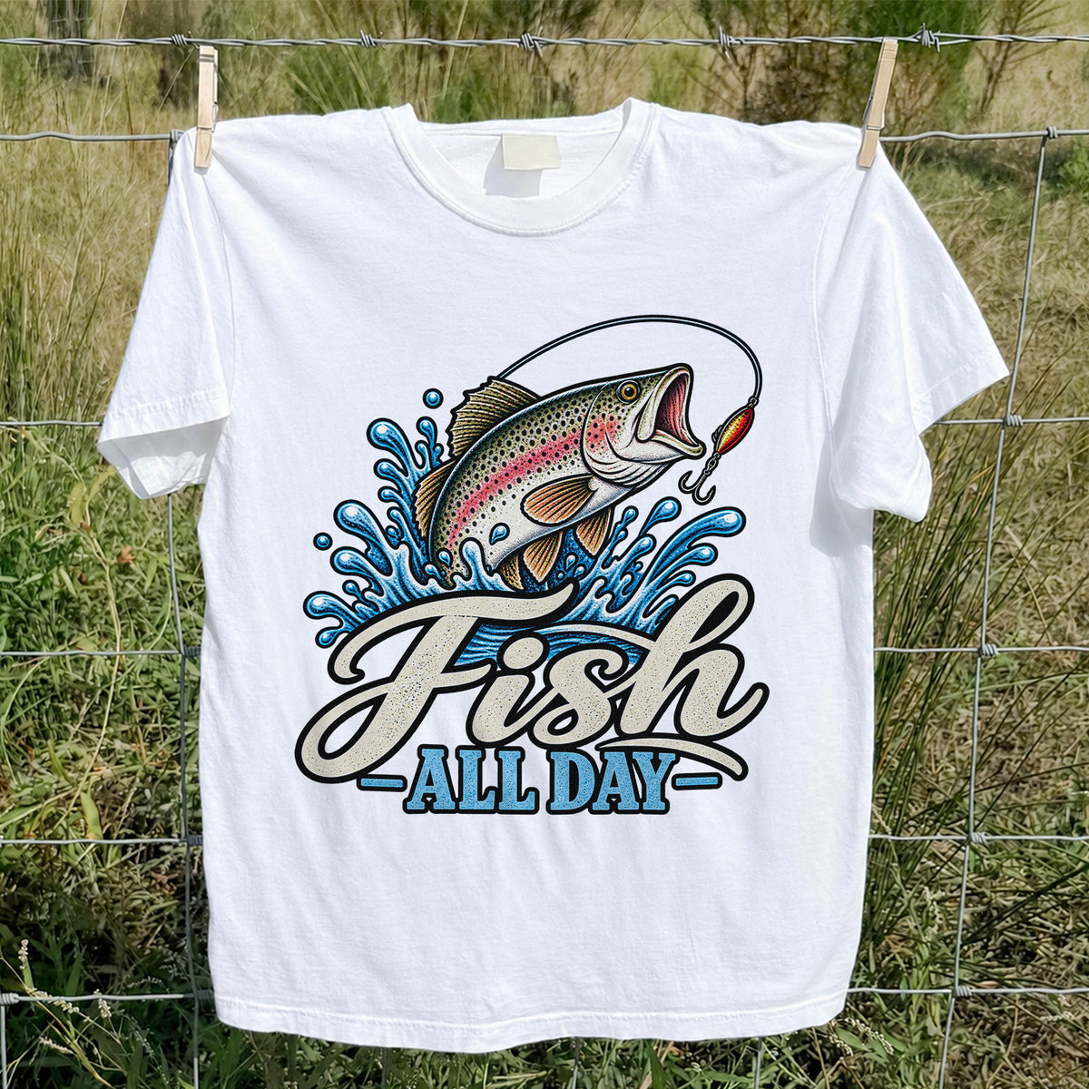 Fish All Day Jumping Rainbow Trout Fishing Graphic T-Shirt