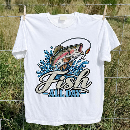 Fish All Day Jumping Rainbow Trout Fishing Graphic T-Shirt