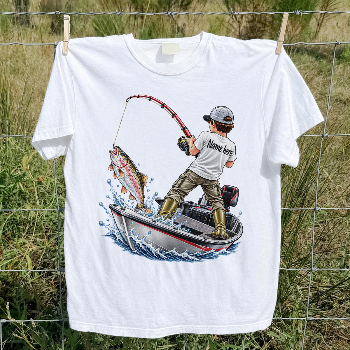 Personalized Boy Fishing Boat and Rainbow Trout Graphic T-Shirt