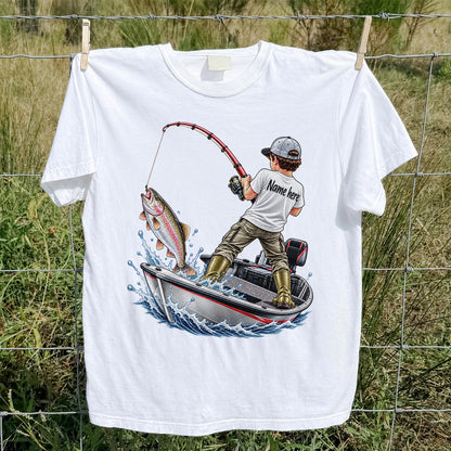 Personalized Boy Fishing Boat and Rainbow Trout Graphic T-Shirt