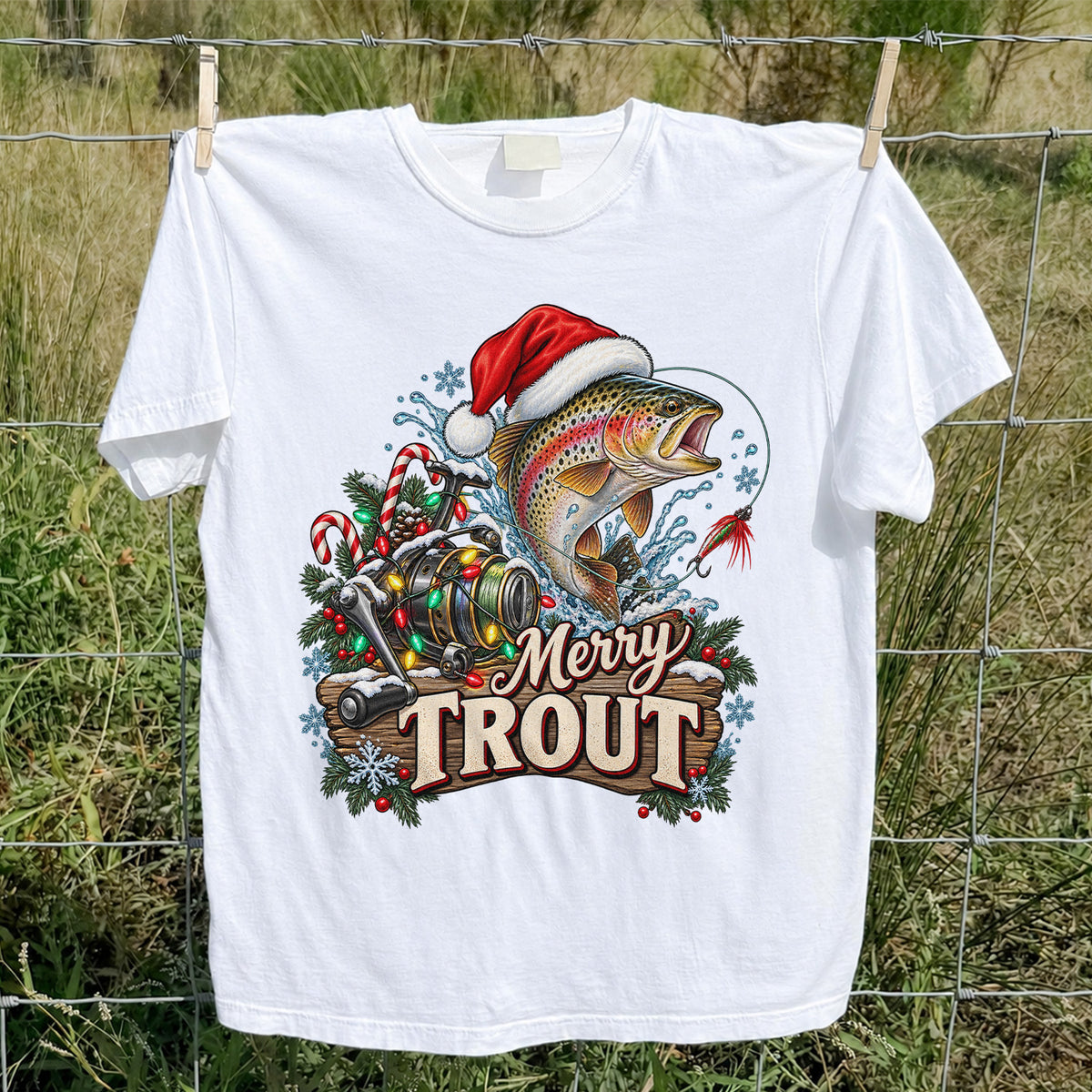 Merry Trout Christmas Rainbow Trout and Fishing Reel T-Shirt