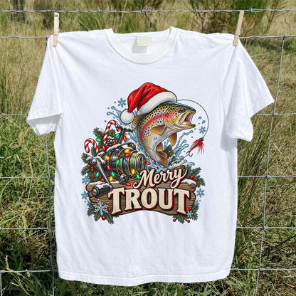 Merry Trout Christmas Rainbow Trout and Fishing Reel T-Shirt
