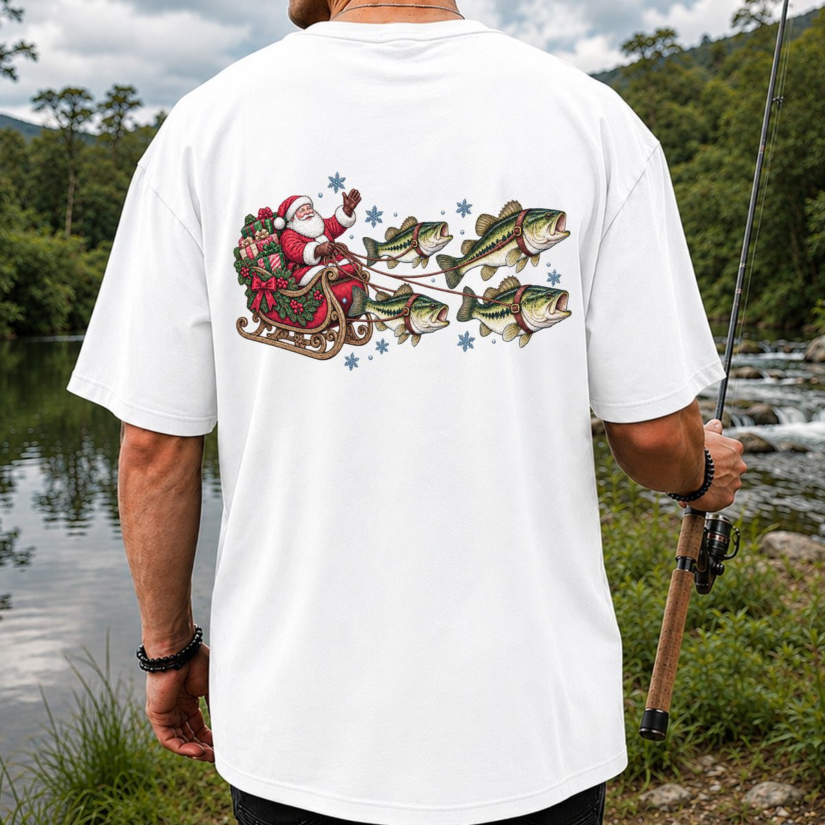 Santa in a Sleigh Pulled by Bass Christmas Fishing Graphic T-Shirt | Back Print