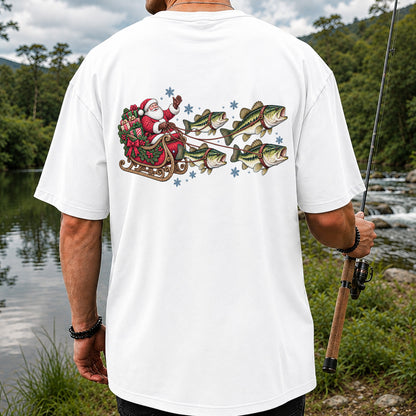 Santa in a Sleigh Pulled by Bass Christmas Fishing Graphic T-Shirt | Back Print