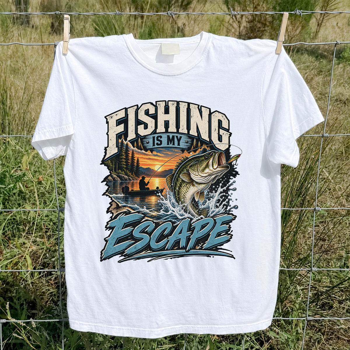 Fishing Is My Escape Jumping Bass and Sunset Lake Graphic T-Shirt