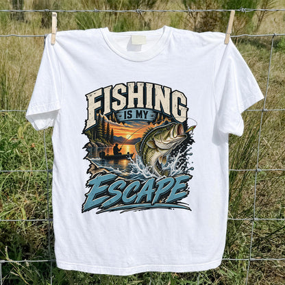 Fishing Is My Escape Jumping Bass and Sunset Lake Graphic T-Shirt