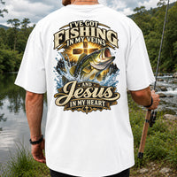 I've Got Fishing in My Veins and Jesus in My Heart Bass and Cross T-Shirt | Back Print