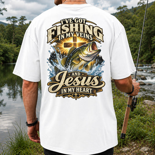 I've Got Fishing in My Veins and Jesus in My Heart Bass and Cross T-Shirt | Back Print
