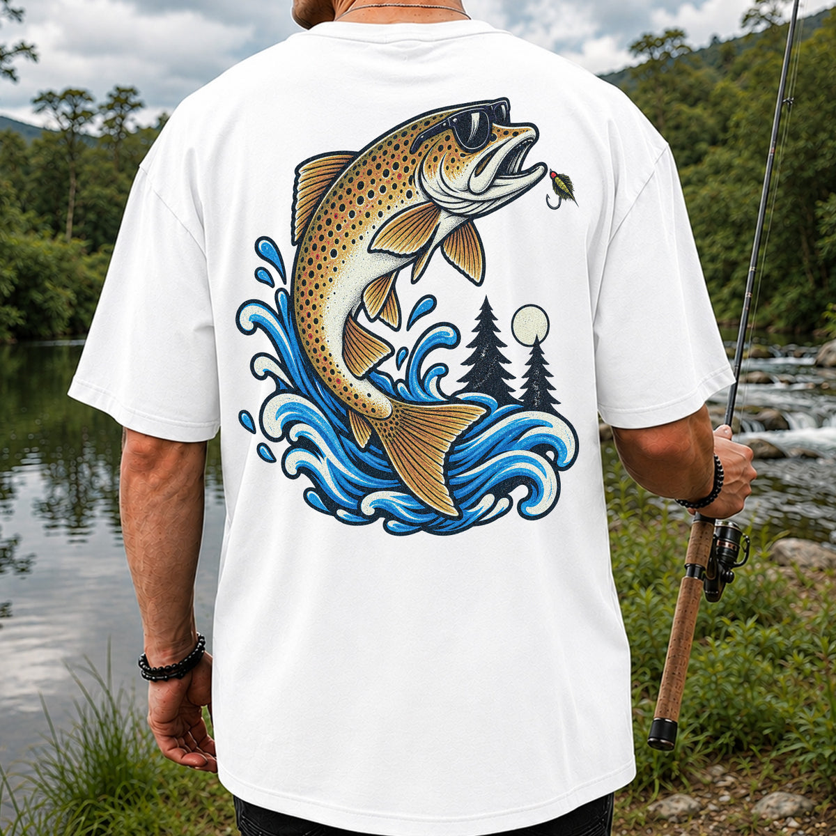 Brown Trout Sunglasses Fishing Graphic T-Shirt with Lure | Back Print