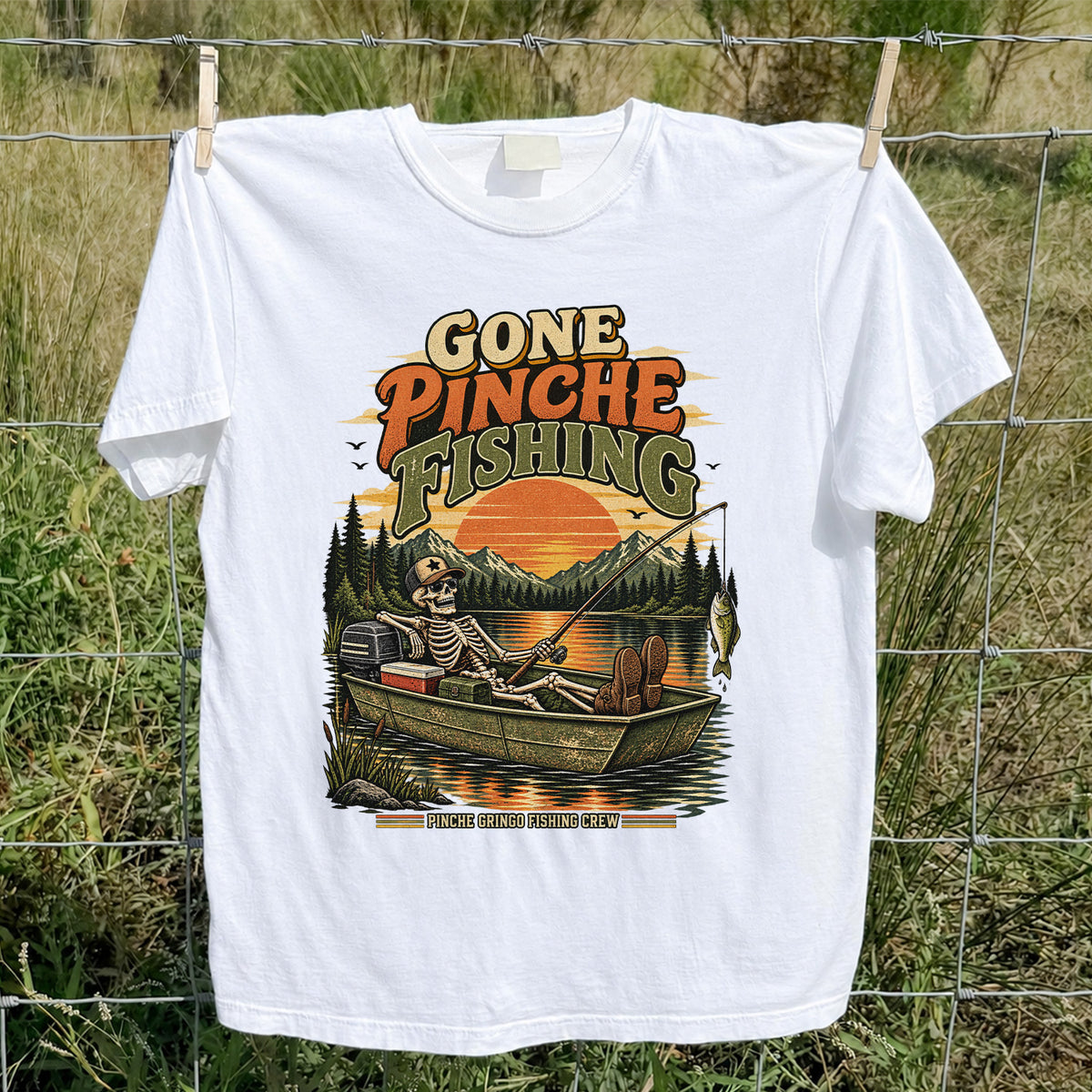 Gone Pinche Fishing Skeleton in a Boat Retro Graphic T-Shirt