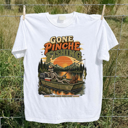 Gone Pinche Fishing Skeleton in a Boat Retro Graphic T-Shirt