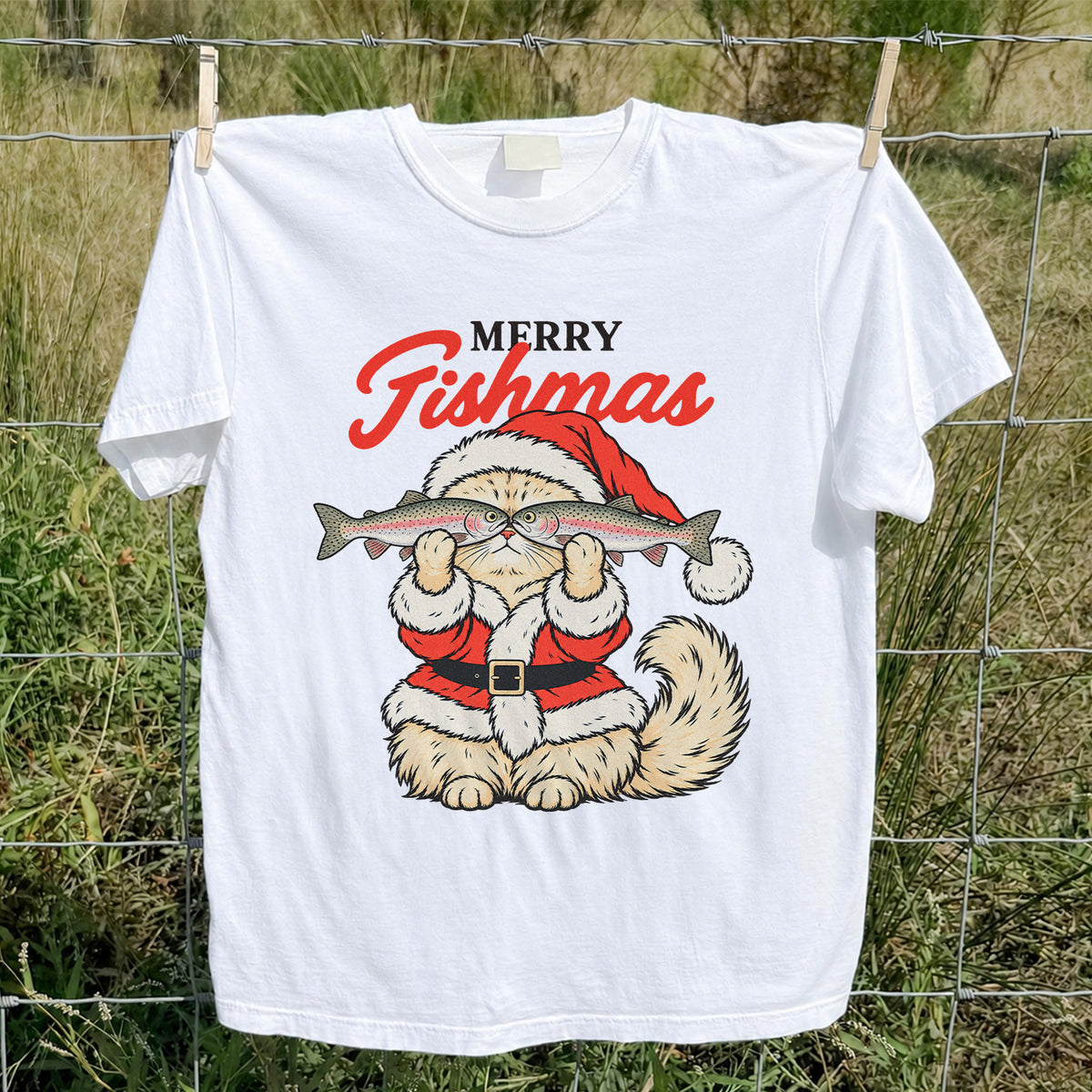 Santa Cat Holding Trout Merry Christmas Fishing T-Shirt